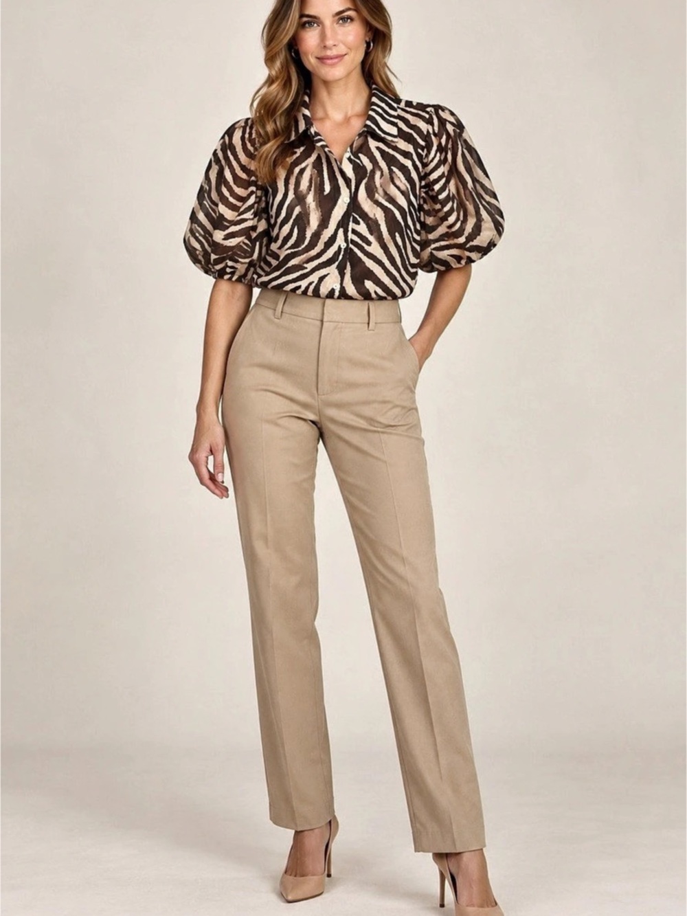 BAILEY/44 Animal Print Puff Sleeve Blouse in Brown & Beige Size Small